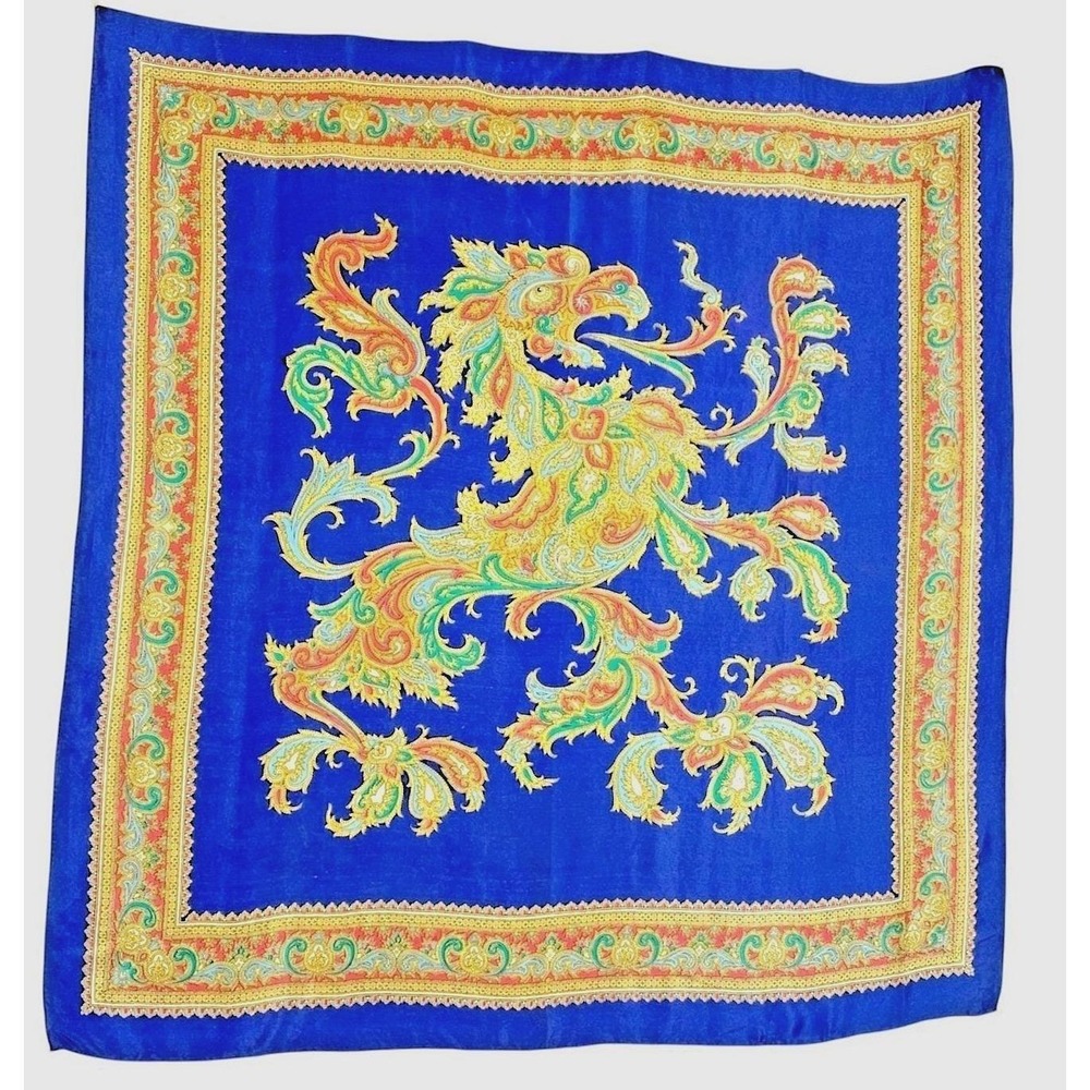 Japan Silk Dragon Scarf Vtg Chinoiserie Hand Rolled 32" Cobalt Gold Wearable Art
